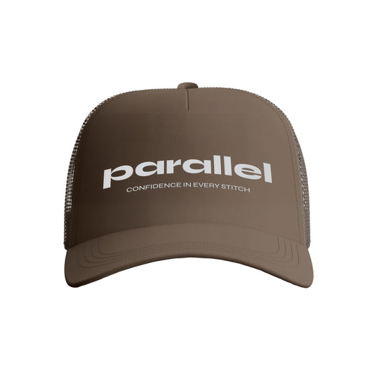 Brown cap with 'parallel' logo on a white background